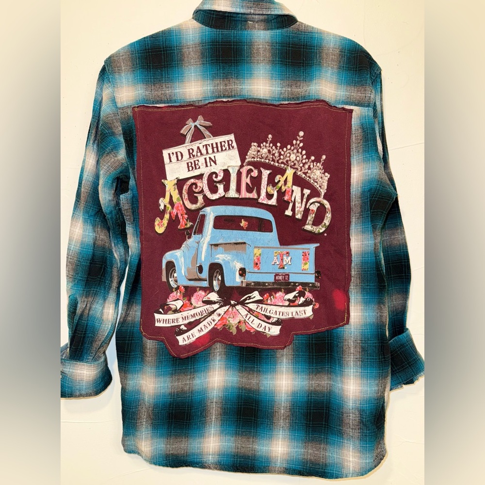 OOAK UPCYCLED TEXAS A&M AGGIELAND TEE & FLANNEL TEAL BLACK MAROON SZ S